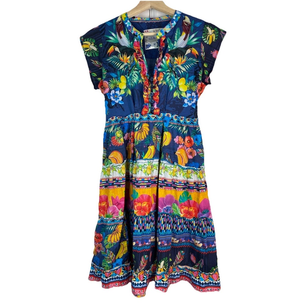 Lulalife Women's XS Colorful Tropical Tiered Ruffle A-Line Summer Dress